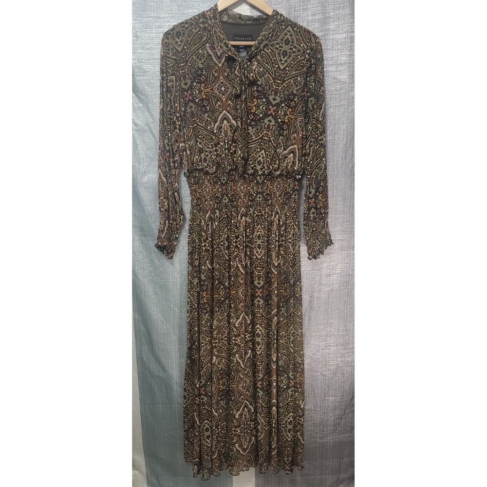 Stella & Julie 70s Boho Paisley Smocked Waist Maxi Dress 14 Sheer Mock Neck Tie